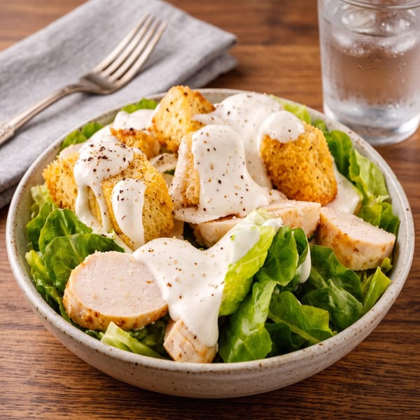 Bowl of crisp lettuce, sliced chicken, toasted bread pieces, and creamy peppered dressing on a wooden table.