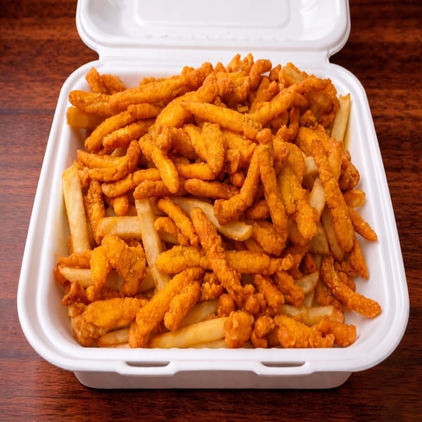 Open takeout container filled with crispy breaded chicken strips and French fries on a wooden table.