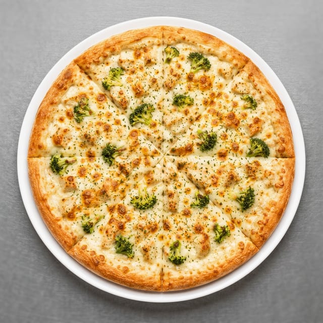 Chicken Broccoli Alfredo Pizza.