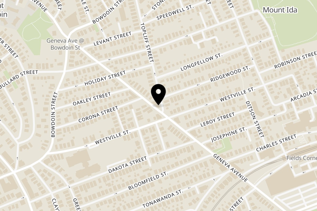 Map showing the location of Papa Rino's Pizza on 394 Geneva Ave in Dorchester